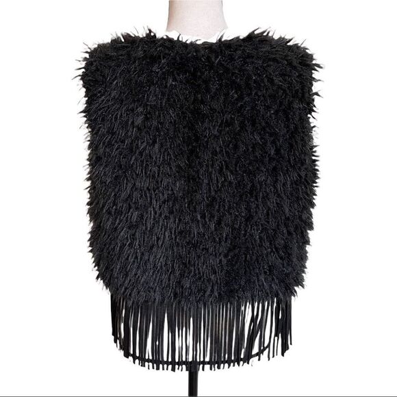 Black Fuzzy Vest with Faux Suede Fringe and Hook/Eye Closure - Med/Large - Picture 4 of 9